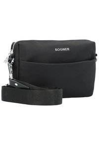 Borsa a tracolla nera in nylon con chiusura zip argento, tasca anteriore e tracolla con logo. Texture liscia e design minimalista.