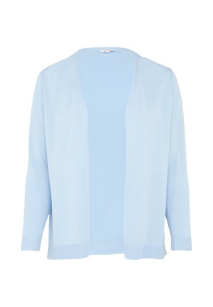 Hellblauer Cardigan, aus weichem, leichtem Stoff. Offenes Design mit langen Ärmeln, das gerippte Bündchen und Saum hat.