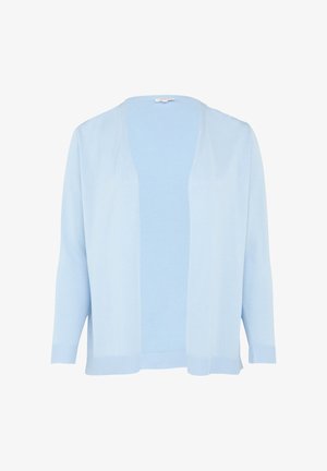 Hellblauer Cardigan, aus weichem, leichtem Stoff. Offenes Design mit langen Ärmeln, das gerippte Bündchen und Saum hat.