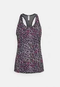 Svart linne med ett rosa och vitt abstrakt mönster. Har en racerback-design och mjukt, stretchigt tyg för komfort.