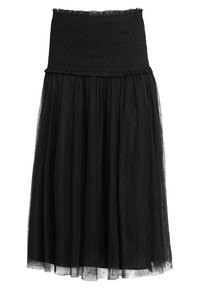 Falda midi negra hecha de un tejido suave y ligero. Presenta una cintura elástica y un diseño de tul en capas con un sutil patrón de puntos a lo largo.