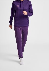 Fialová sportovní mikina s kapucí a dlouhými rukávy, doplněná o odpovídající kalhoty s růžovým logem a bočními pruhy, vyrobená z hladkého materiálu.