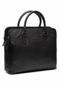 Sacoche en cuir noir pour ordinateur portable avec deux poignées supérieures, une fermeture à zip et un branding subtil. Texture lisse et design structuré adapté à un usage professionnel.