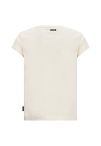 Cremefarbener Baumwoll-T-Shirt mit kurzen Ärmeln, Rundhalsausschnitt und leichtem Glanz. Besitzt ein Logoschild auf der unteren linken Seite.