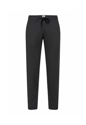 Donkergrijze casual broek met koord in de taille en riemlussen, afgebeeld op een witte achtergrond.
