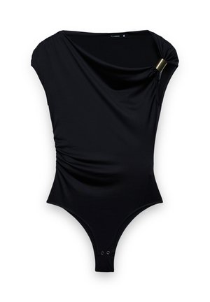 Czarny body z dekoltem typu draped, krótkimi rękawami i marszczeniem po bokach. Posiada złote akcenty oraz zatrzaski na dole.