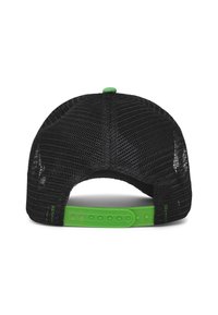 Cappello da baseball in rete nera con una fascia regolabile verde e un bottone sopra. Presenta una forma strutturata con materiale traspirante per il comfort.