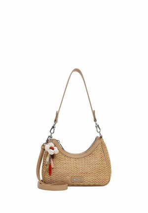 Sac à main tissé beige avec fermeture éclair argentée, bandoulières amovibles et breloques en forme de fleur sur le côté avant gauche.