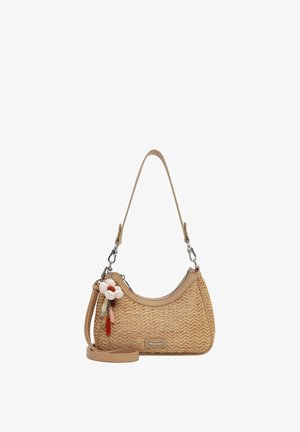 Bēša austā rokassoma ar sudraba rāvējslēdzēju, noņemamām plecu siksnām un ziedu formas piekariņiem priekšējā kreisajā pusē.