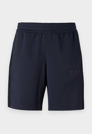 Jūriniai sportiniai šortai, pagaminti iš kvėpuojančios medžiagos, su elastine juosta, turintys šonines tinklines dalis ir logotipą apatiniame priekyje.