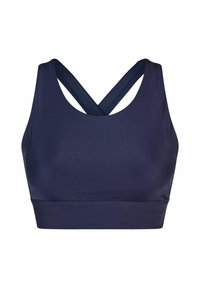 Dunkelblauer Sport-BH mit gekreuzten Rückenriemen, aus glattem, dehnbarem Stoff gefertigt, mit einem einfarbigen Design und einem engen elastischen Bund.