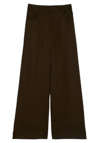 Pantalon large marron foncé avec poches avant et passants pour ceinture, coupe droite, sans motifs ni décorations visibles.
