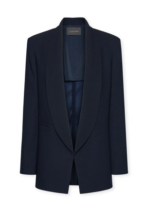 Marynarka w kolorze granatowym z szalowym kołnierzem, zapięciem na jeden guzik i dwoma przednimi kieszeniami. Wykonana z gładkiej tkaniny, wnętrze nie jest podszyte.