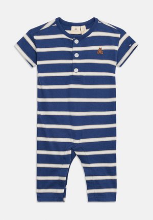 Μπλε και λευκό ριγέ κοντομάνικο φορμάκι μωρού με τρία κουμπιά μπροστά και μικρή καφέ αρκούδα κεντημένη στο στήθος.