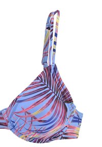 Modrý bikiny top s tropickým listovým vzorem v odstínech růžové, fialové a žluté. Tenké, nastavitelné ramínka a detail shromážděného výstřihu.