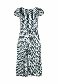 Gemustertes Kleid mit einem kreisförmigen Design in Marineblau und Weiß, kurzen Rüschensäumen, Rundhalsausschnitt und schwingendem Saum. Hergestellt aus leichtem Stoff.