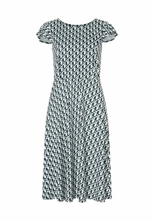 Gemustertes Kleid mit einem kreisförmigen Design in Marineblau und Weiß, kurzen Rüschensäumen, Rundhalsausschnitt und schwingendem Saum. Hergestellt aus leichtem Stoff.