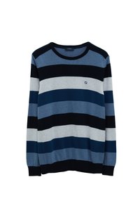 Gestreifter Pullover in Marineblau, Hellblau und Grau; runder Ausschnitt; Strickstruktur; kleines Logo auf der Vorderseite links.