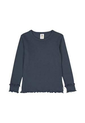 Marineblaue Langarmbluse aus weichem Stoff mit Rundhalsausschnitt und Rüschendetails an den Ärmeln, inklusive eines Labels am Hals für die Markenkennzeichnung.