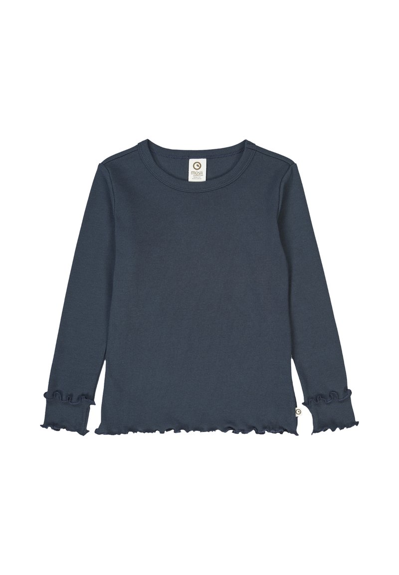 Navy long-sleeve shirt in soft fabric, featuring a round neckline and ruffled cuffs, with a tag at the neck for branding.