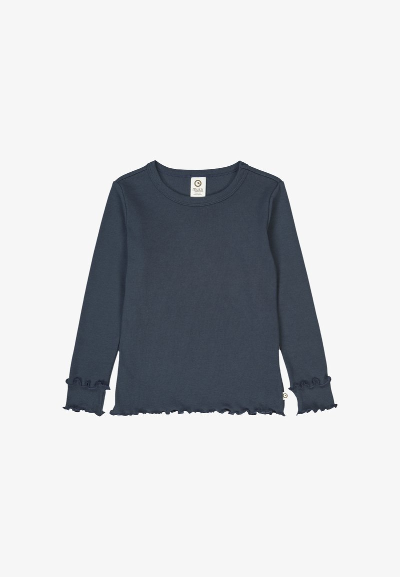 Navy long-sleeve shirt in soft fabric, featuring a round neckline and ruffled cuffs, with a tag at the neck for branding.