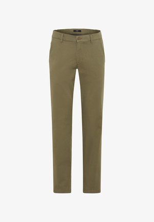 Pantaloni in cotone verde oliva con una vestibilità dritta, chiusura con bottone e tasche standard; texture liscia e dettagli di cucitura minimi.