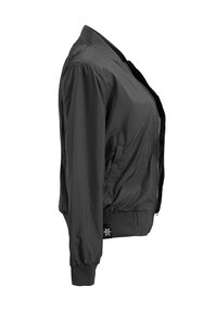 Black bomber jacket with ribbed collar, cuffs, and hem, front zipper, and side pockets, shown from the left side on a white background.