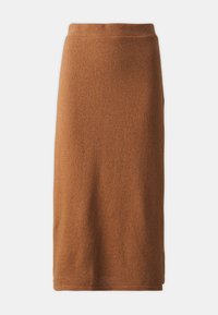 Bruine gebreide rok met een kokerfitting, middellange lengte, elastische tailleband en een gestructureerde afwerking, geschikt voor verschillende gelegenheden.