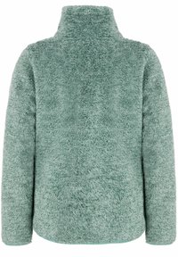 Mikina z fleece materiálu v mäkkej, štruktúrovanej mätovo zelenej farbe s vysokým golierom a dlhými rukávmi, so zaobleným spodným lemom a bez viditeľných zapínaní.