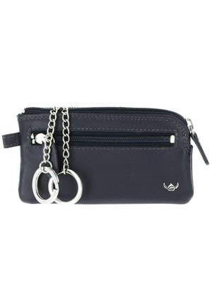 Pochette à clés en cuir noir avec poche zippée à l'avant, deux anneaux porte-clés argentés sur chaîne, et un petit logo argenté dans le coin inférieur droit.