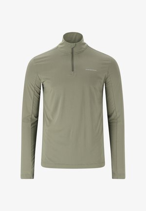 Olijfgroen pullover met lange mouwen en een half-rits hals, met een gladde textuur en een subtiele logo op de linkerborst. Rekbare stof.