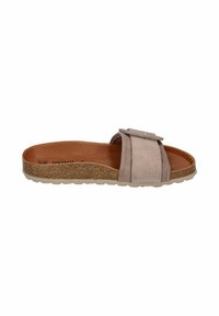 Suede slide sandal in light gray with a wide band and adjustable strap. Contains a cork midsole and textured rubber outsole.