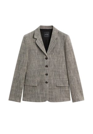 Blazer gris texturé avec un col à revers cranté, six boutons sur le devant, deux poches à rabat et une poche poitrine unique. Intérieur doublé.