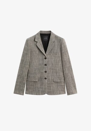 Blazer gris texturé avec un col à revers cranté, six boutons sur le devant, deux poches à rabat et une poche poitrine unique. Intérieur doublé.