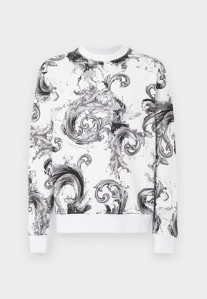 White long-sleeve sweatshirt with black and gray abstract swirling baroque patterns and ribbed cuffs and hem.