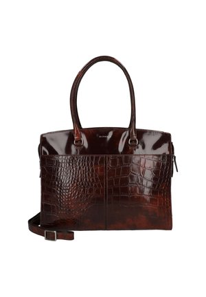 Dunkelbraune glänzende Ledertasche mit Krokodilhautstruktur, zwei Griffen, verstellbarem Schultergurt und Reißverschlussverschluss.