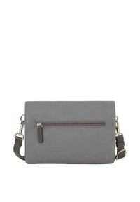 Borsa a tracolla grigia realizzata in materiale sintetico liscio. Presenta una tasca frontale con zip, cinturino regolabile e design minimalista.