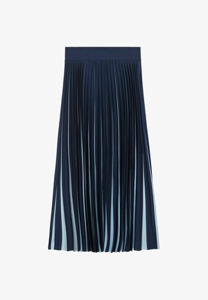 Plisseret midi-nederdel i mørk marineblå med lyseblå lodrette striber. Glat tekstur, elastisk taljebånd og flydende fald, der fremhæver bevægelsen.