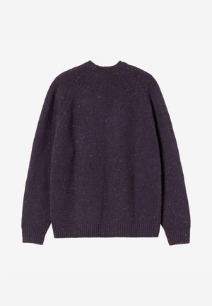 Pullover in maglione di colore viola scuro lavorato a maglia con motivo testurizzato, scollatura rotonda, e polsini e orlo a costine. Sottile trama di colorazioni multiple.