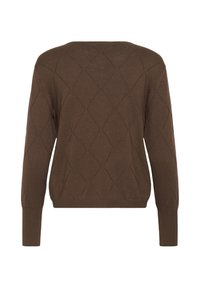 Pull marron à manches longues avec motif matelassé losange, vu de dos sur fond blanc uni.