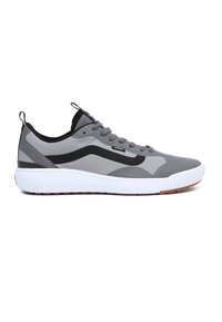 Gray athletic shoe featuring mesh and synthetic overlays, black accents, white midsole, and textured rubber sole. Classic Vans logo on side.