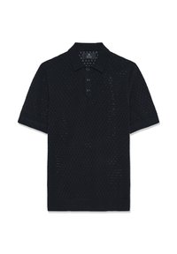Polo noir en maille avec un motif texturé, manches courtes, patte de boutonnage à trois boutons, col et ourlet côtelés.