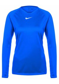 Long-sleeve blue athletic top made of synthetic fabric. Rounded neckline with a subtle logo on the chest. Smooth texture, fitted design.