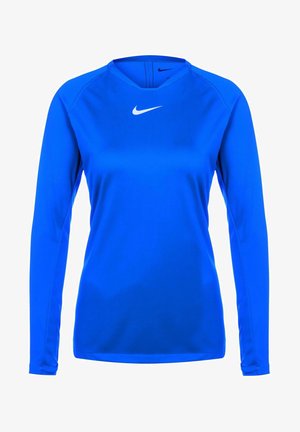 Blå långärmad träningsöverdel i syntetiskt tyg. Rund halsringning med en diskret logotyp på bröstet. Slät textur, figurnära design.