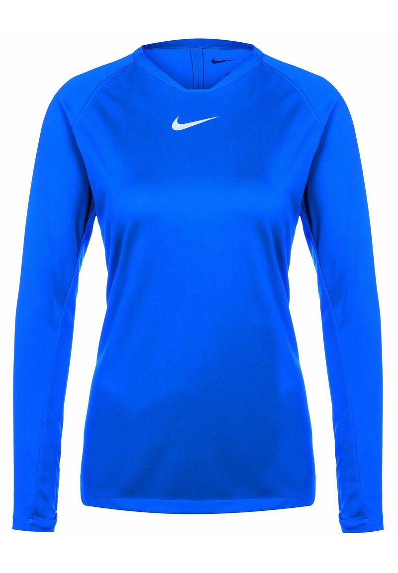 Long-sleeve blue athletic top made of synthetic fabric. Rounded neckline with a subtle logo on the chest. Smooth texture, fitted design.