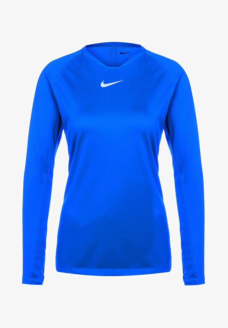 Long-sleeve blue athletic top made of synthetic fabric. Rounded neckline with a subtle logo on the chest. Smooth texture, fitted design.