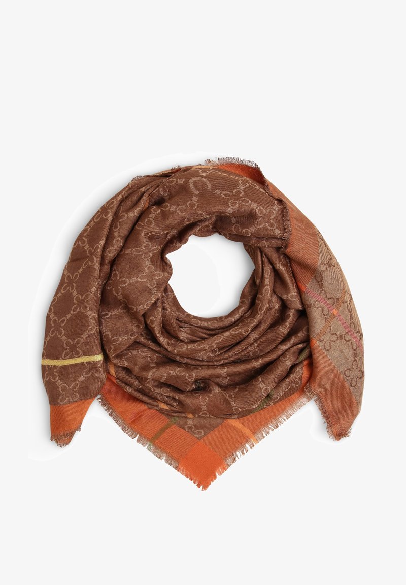 Écharpe marron avec un motif floral en chaîne marron clair, bords à carreaux orange et beige, et détails à franges, disposée en boucle circulaire.