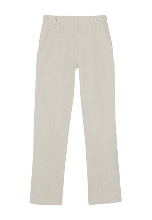 Pantalones beige de pierna recta con bolsillos laterales y detalles de botones en la pretina, confeccionados para un look limpio y formal.
