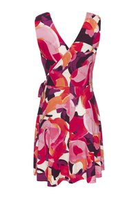 Florales Wickelkleid mit tiefem V-Ausschnitt, kurzen Ärmeln und einem mehrfarbigen abstrakten Muster in Rosa, Rot und Lila auf einem cremfarbenen Hintergrund.