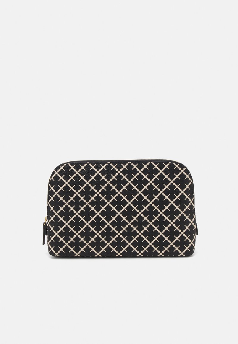 Black pouch with a geometric beige pattern, rectangular shape, smooth texture, and a gold zipper detail. Suitable for accessories or cosmetics.